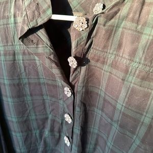 J crew holiday tartan blouse popover with sparkling buttons